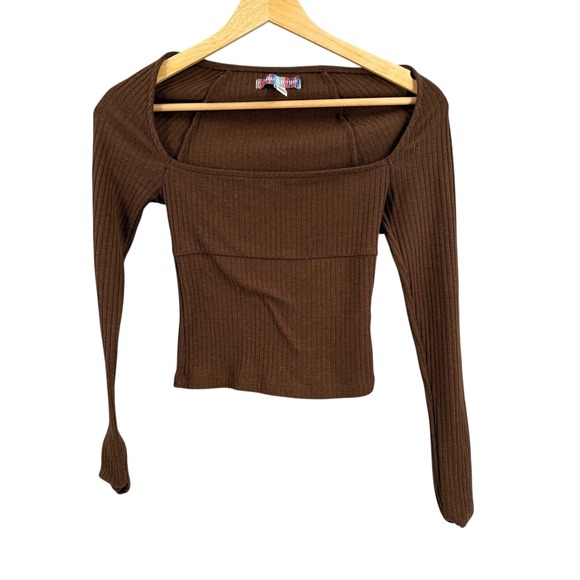 Urban Outfitters Tops - Urban Outfitters Brown Ribbed Knit Long Sleeve Square Neck Top Cropped XS